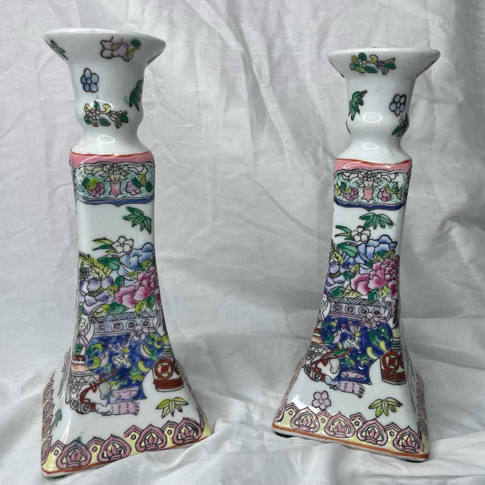 Vintage Floral Japanese Candle Holders, set of 2